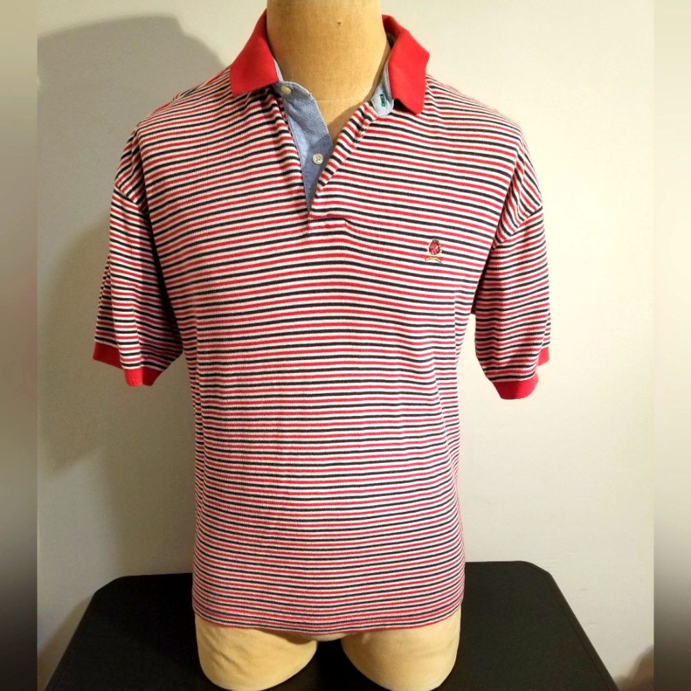 VTG TOMMY HILFIGER RED WHITE BLUE STRIPED MENS POLO Y2K 2000'S JULY 4 VTG PREPPY